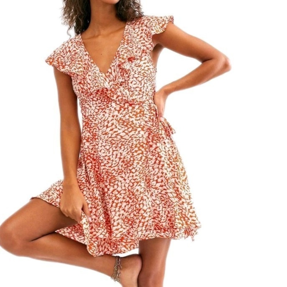 Free People French Quarter Print Wrap Mini Dress Orange Size S Ruffles